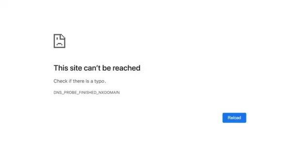 Błąd połączenia: "This site can't be reached". Sprawdź pisownię adresu. Komunikat DNS_PROBE_FINISHED_NXDOMAIN.