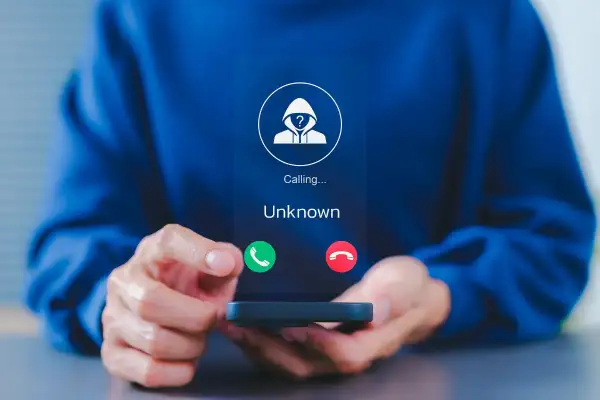 Osoba trzyma smartfon z ekranem pokazującym połączenie od nieznanego numeru. Dowiedz się, jak zablokować numer prywatny, aby uniknąć niechcianych rozmów.